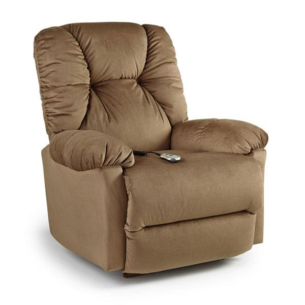 Brown upholstered recliner chair with padded headrest and armrests, shown on a white background