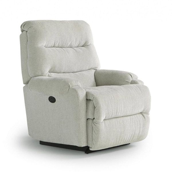 Light gray upholstered recliner chair with padded arms and a side control button, shown on a white background