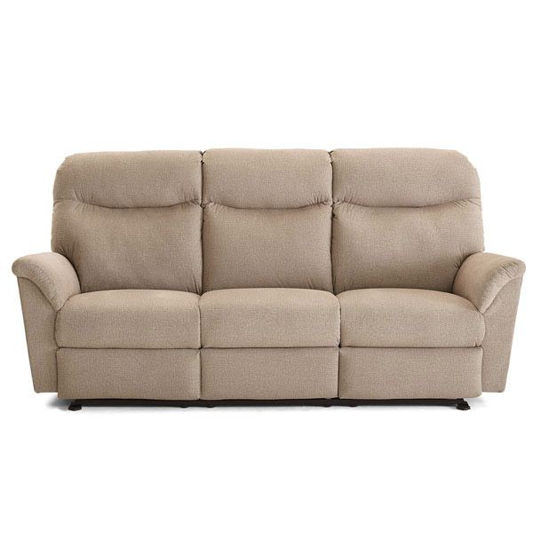 Beige three-seat reclining sofa with cushioned back and armrests
