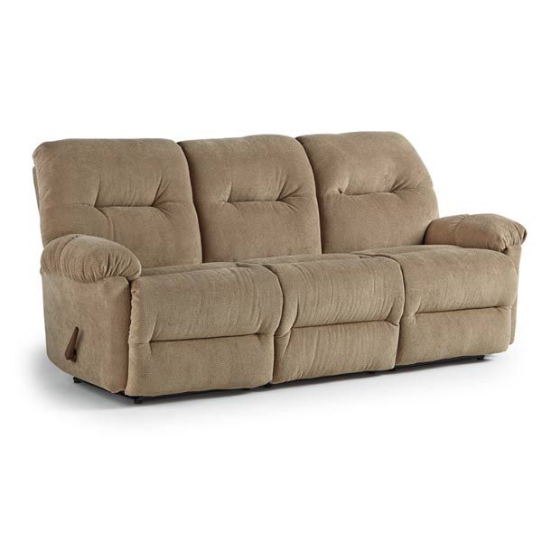 Tan upholstered reclining sofa with three tufted back cushions and rounded armrests