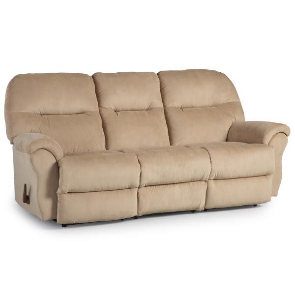 Beige upholstered reclining sofa with padded arms and backrest on a white background