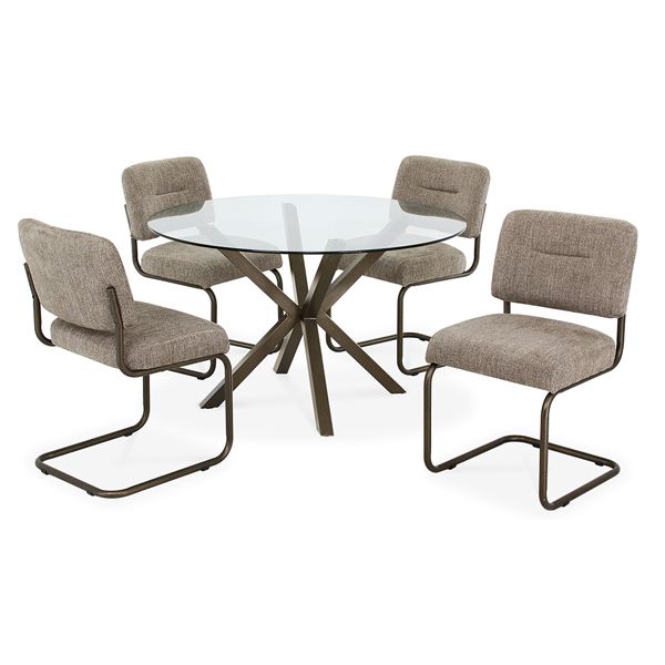 Modern round glass dining table with four beige upholstered chairs on a white background