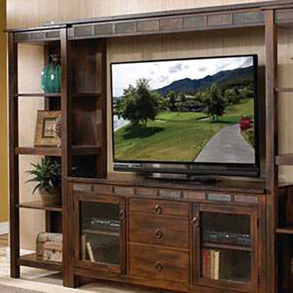 Wooden entertainment center with a TV showing a golf course landscape.