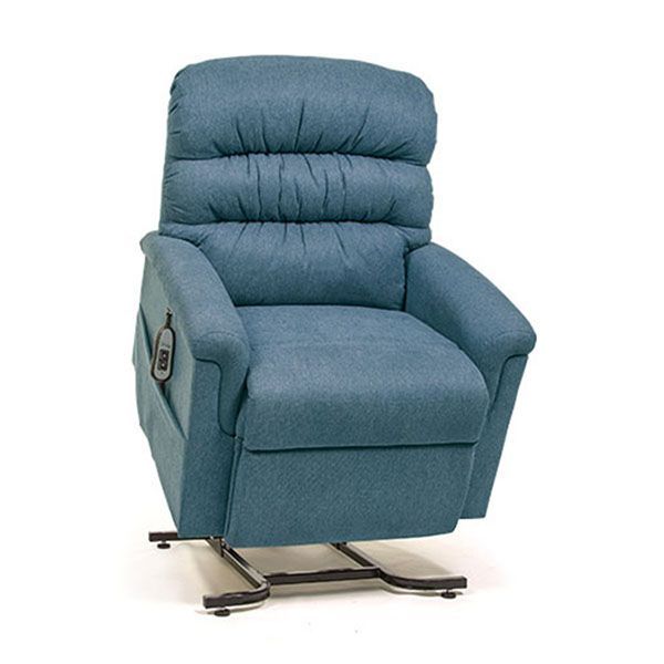 Blue cushioned recliner chair with side pocket and metal swivel base