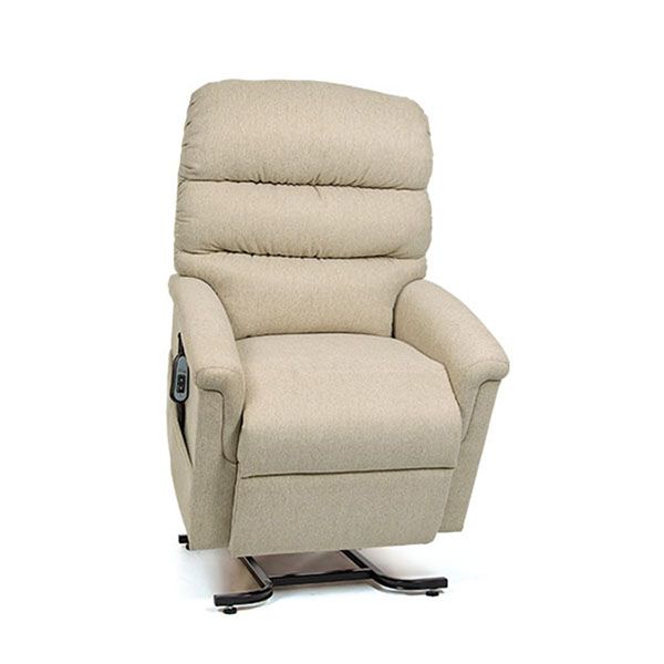 Beige recliner lift chair with padded headrest and armrests
