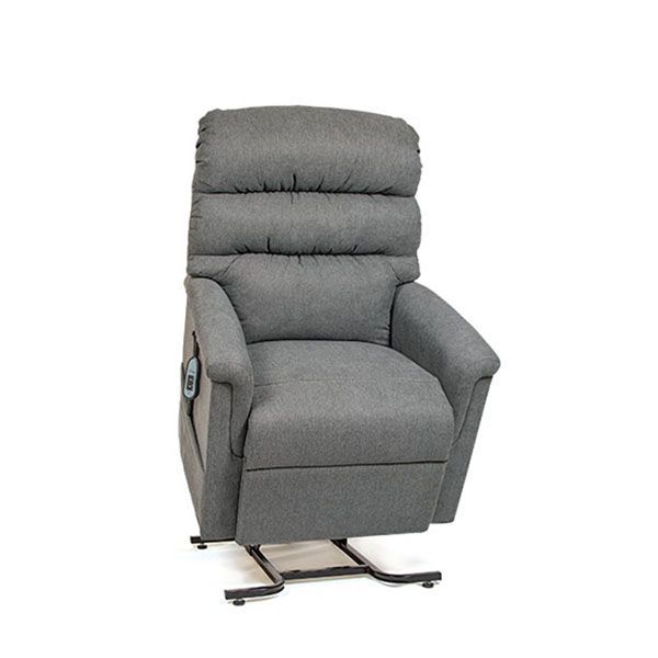 Gray recliner chair with padded headrest and armrests on a metal base