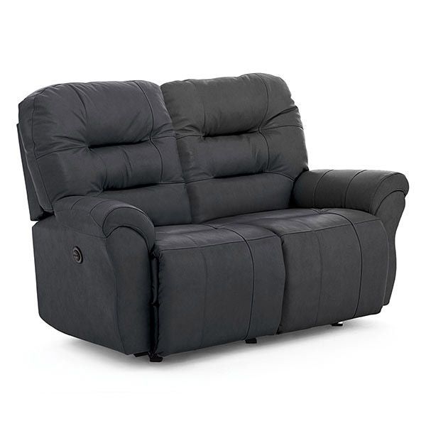 Dark gray upholstered two-seat recliner loveseat with padded armrests, isolated on white background