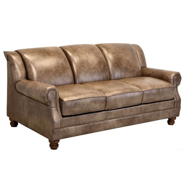 Brown leather loveseat with rolled arms and wooden feet, isolated on a white background