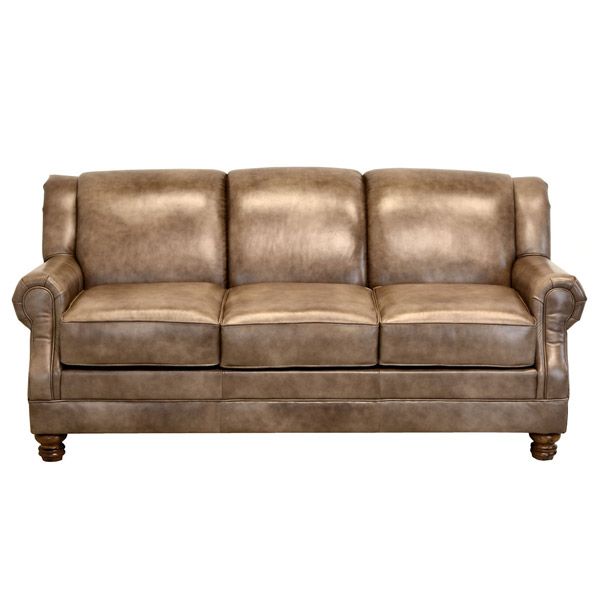Brown leather sofa with three cushions and rolled arms on a white background