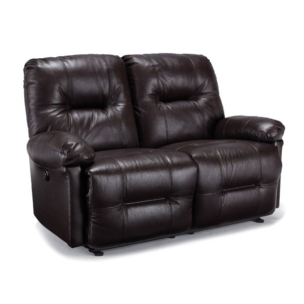 Dark brown leather loveseat with padded back cushions and armrests on a white background