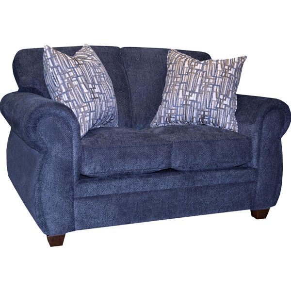 Blue upholstered loveseat with two patterned throw pillows