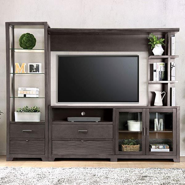 Modern dark-wood TV stand with shelves, drawers, and a flat-screen TV in a living room