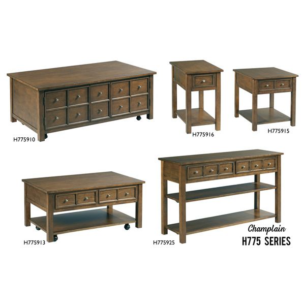 Collage of five brown wood furniture pieces from the H75 series, including cabinet, end tables, and console tables