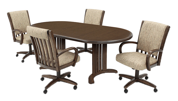 Oval brown dining table with four beige upholstered swivel chairs on casters