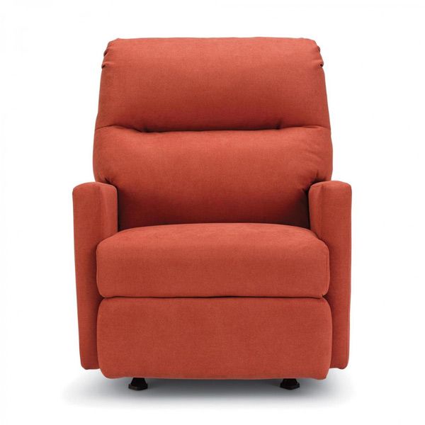 Orange upholstered recliner chair with padded arms and back on a white background