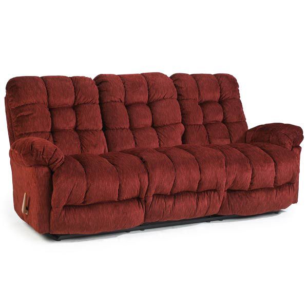 Red plush tufted sofa with armrests on a white background