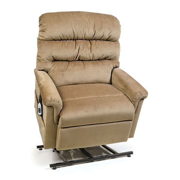 Beige reclining lift chair with padded arms and backrest on a metal base