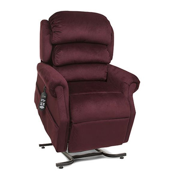 Burgundy upholstered lift recliner chair with padded headrest and metal base