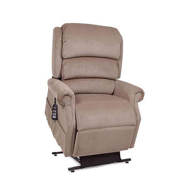 Beige reclining lift chair with padded headrest and armrests, shown in a studio setting