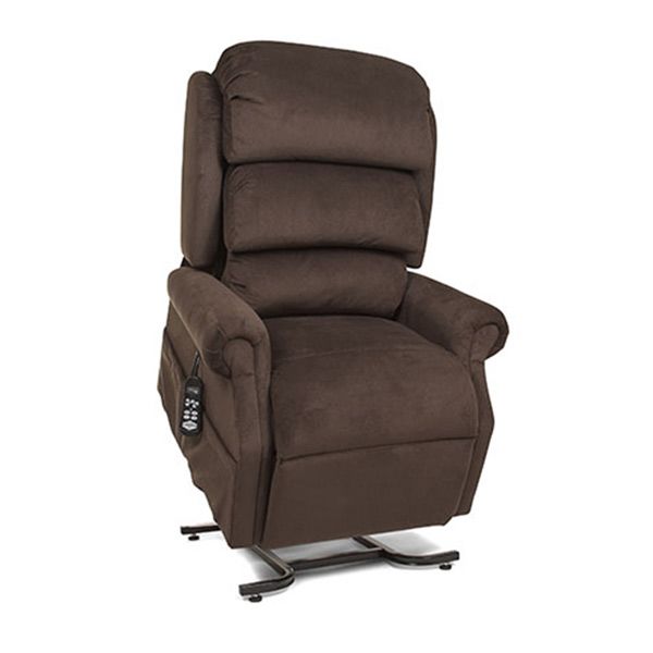 Brown recliner chair with padded headrest and side control panel on a metal base