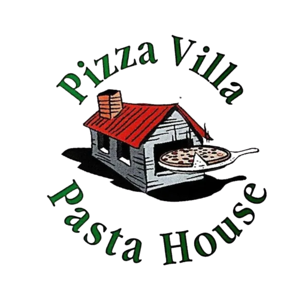 A Pizza Villa & Pasta House logo with a pizza in the oven