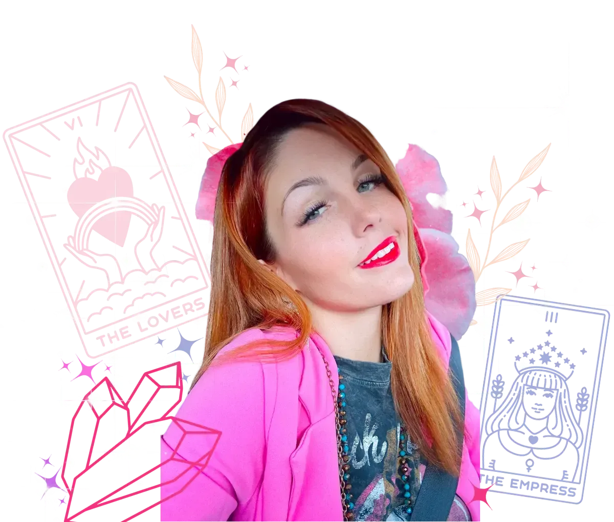 A woman in a pink jacket is standing in front of a tarot card.