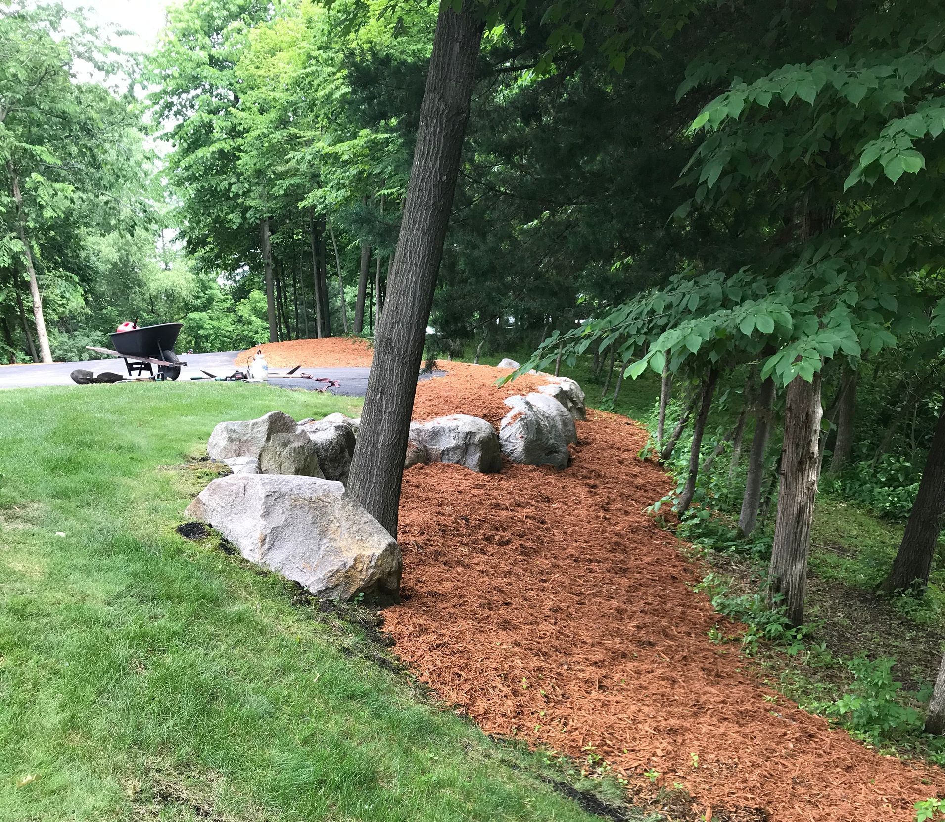 Mulched area beside a grassy lawn, with large rocks and trees in a natural setting.