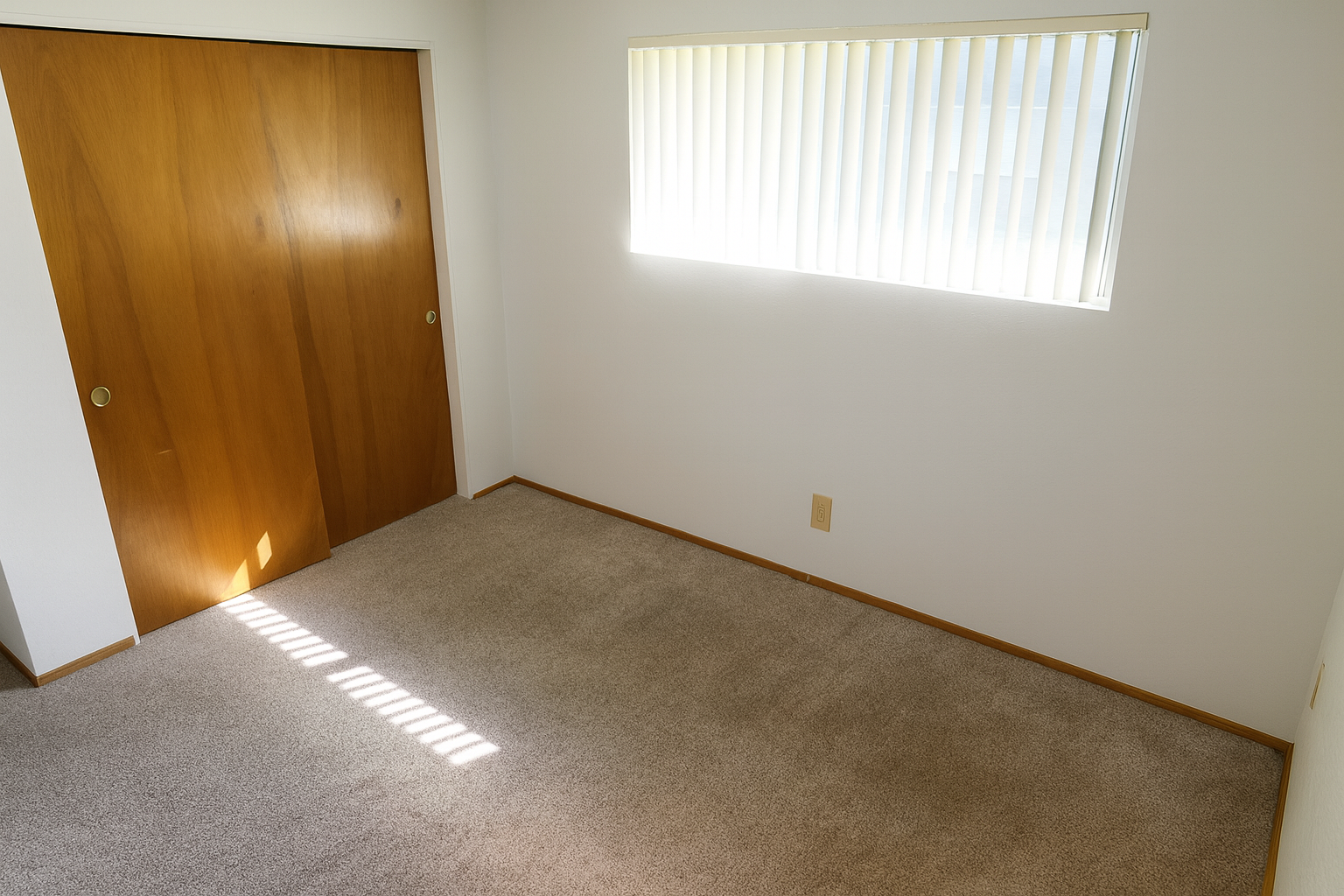 Empty bedroom with beige carpet, closed wooden closet doors, and window with blinds.