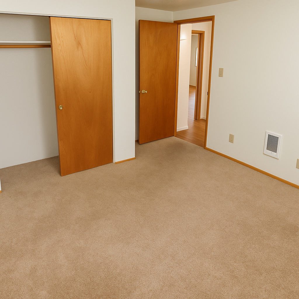 Empty bedroom with tan carpet, wooden doors, and white walls.