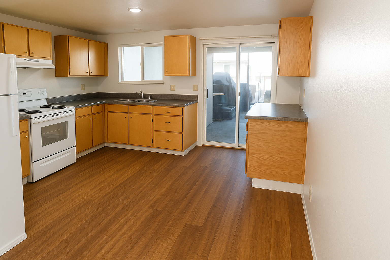 Kitchen with wooden cabinets, white appliances, and sliding door to patio.