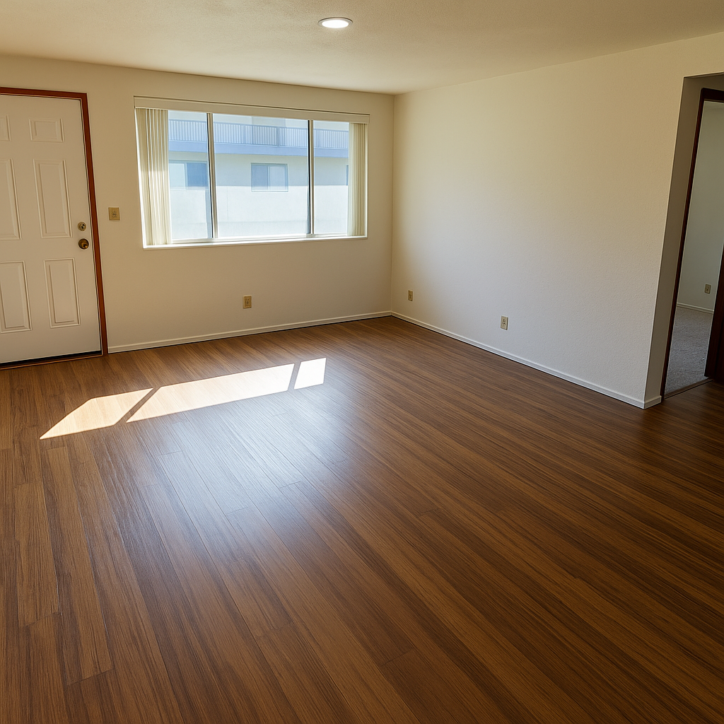 Empty room with wood floors, a window, door, and doorway, bathed in sunlight.