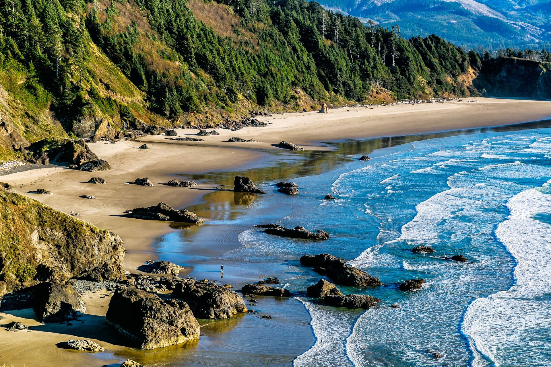 Beach with cliffs covered in green trees, blue ocean waves crashing onto sandy shore with rocks.