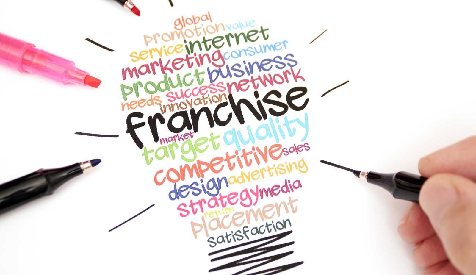 A person is writing the word franchise on a piece of paper.