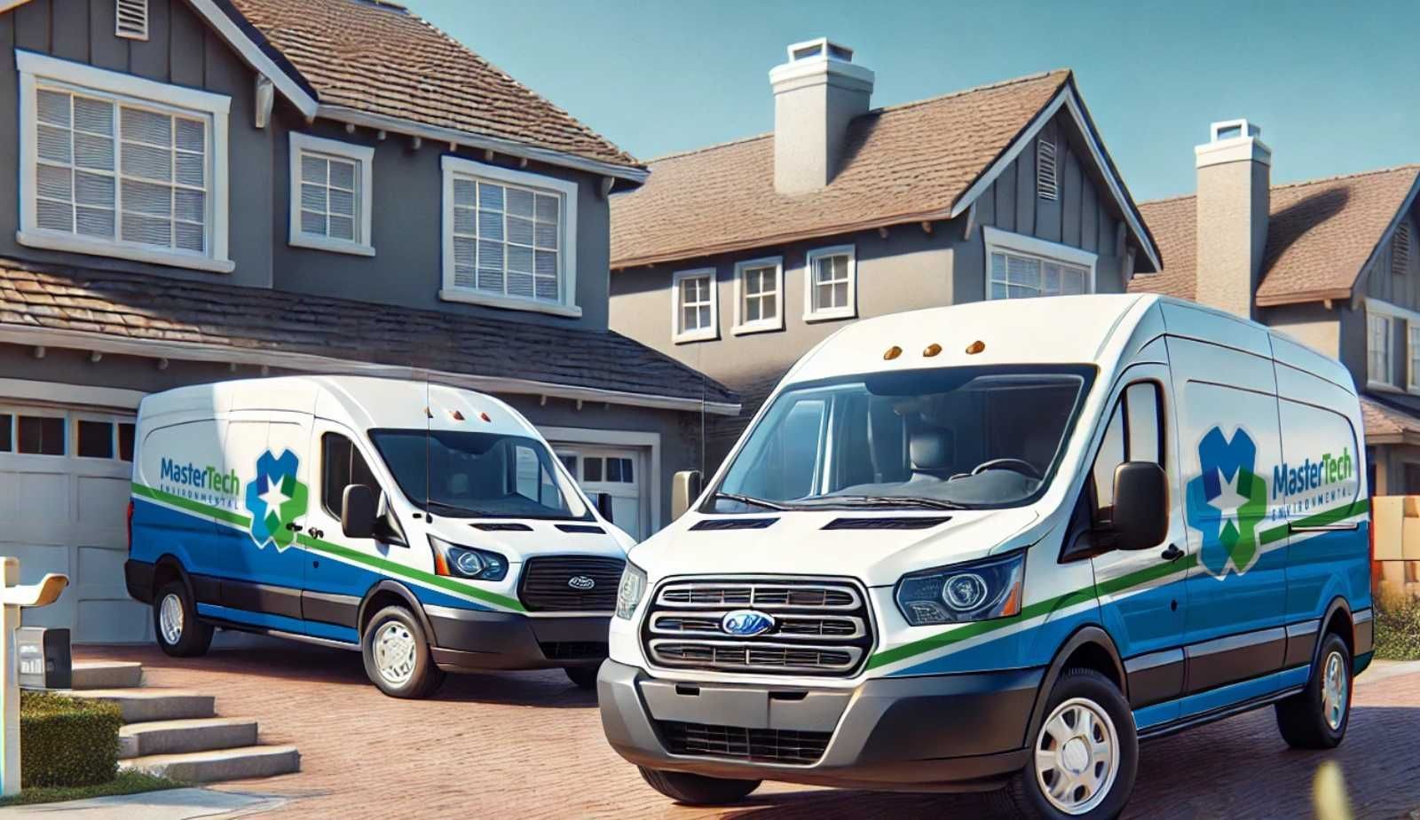Two vans are parked in front of a house.