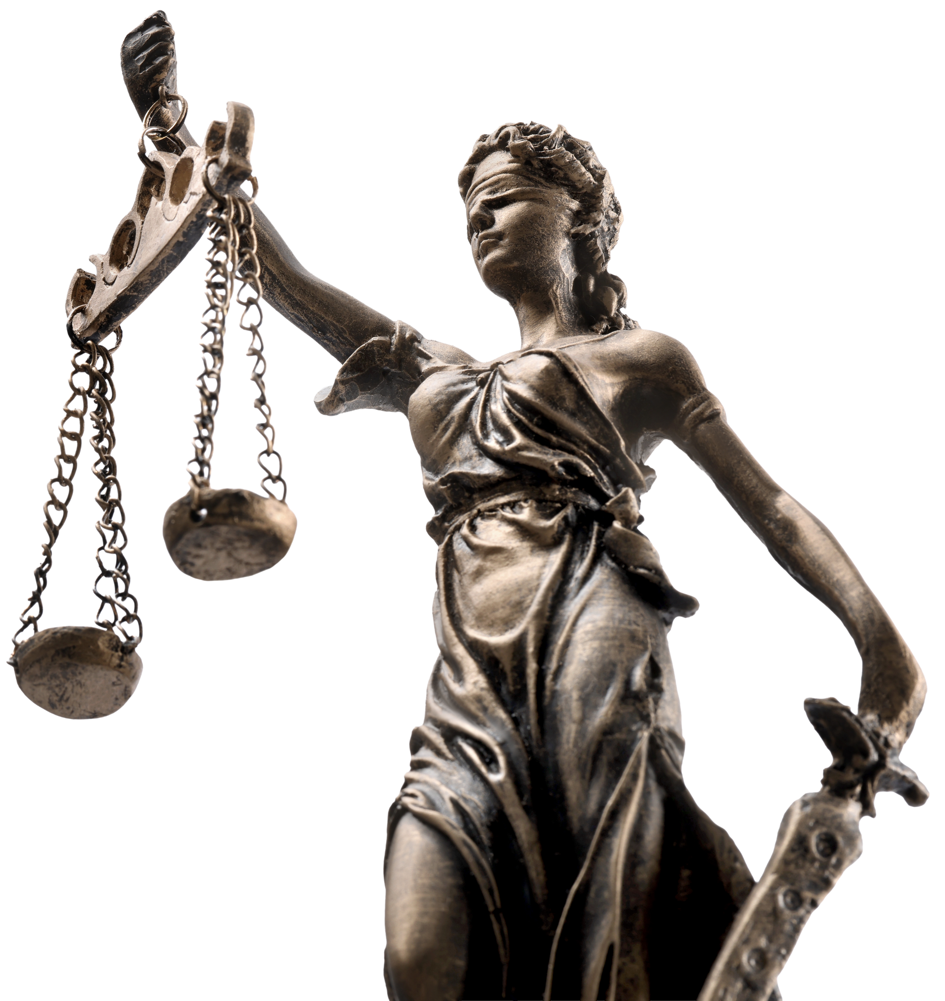 Statue of Lady Justice, blindfolded, holding scales and sword.