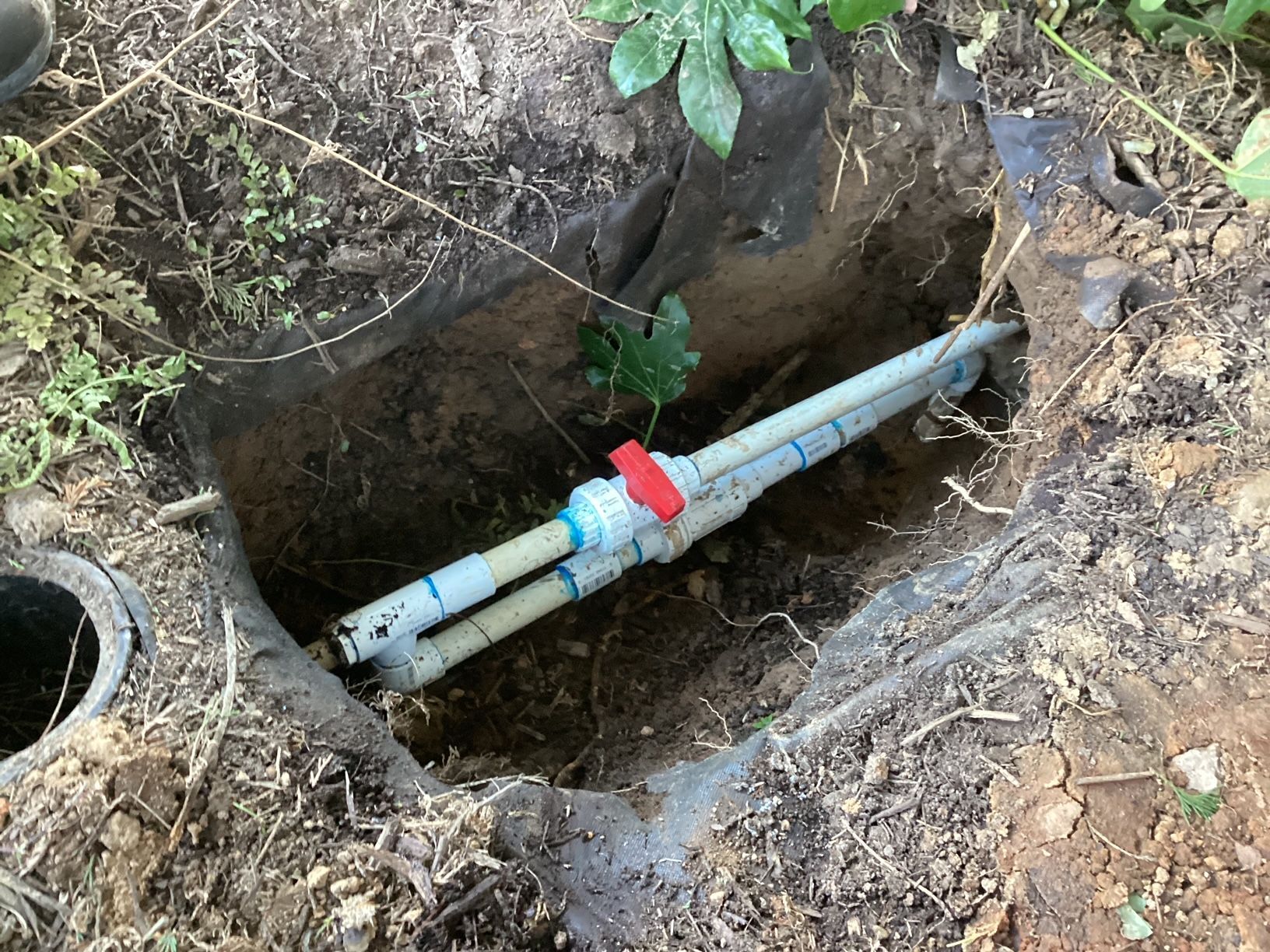 A hole in the ground reveals PVC pipes with a red valve. Dirt and plants surround the hole.