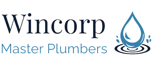 The logo for wincorp master plumbers has a drop of water on it.