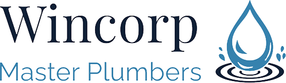Logo for Wincorp Master Plumbers: dark blue text with a water drop design.