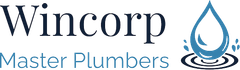 Logo for Wincorp Master Plumbers: dark blue text with a water drop design.