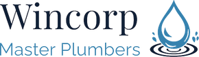 Logo for Wincorp Master Plumbers: dark blue text with a water drop design.