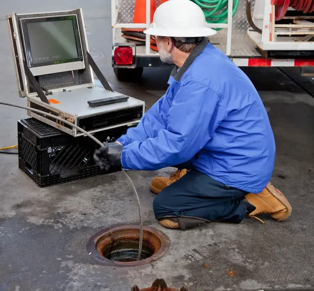 Man in blue jacket inspects a drain with a camera, using equipment on a case, outdoors.