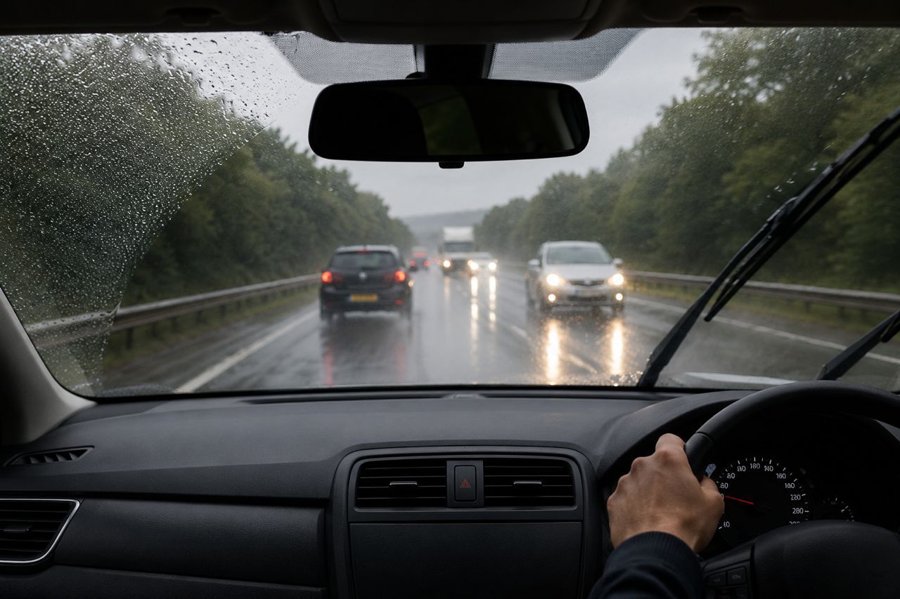 View through a car windshield on a rainy highway, with headlights reflecting on wet pavement.