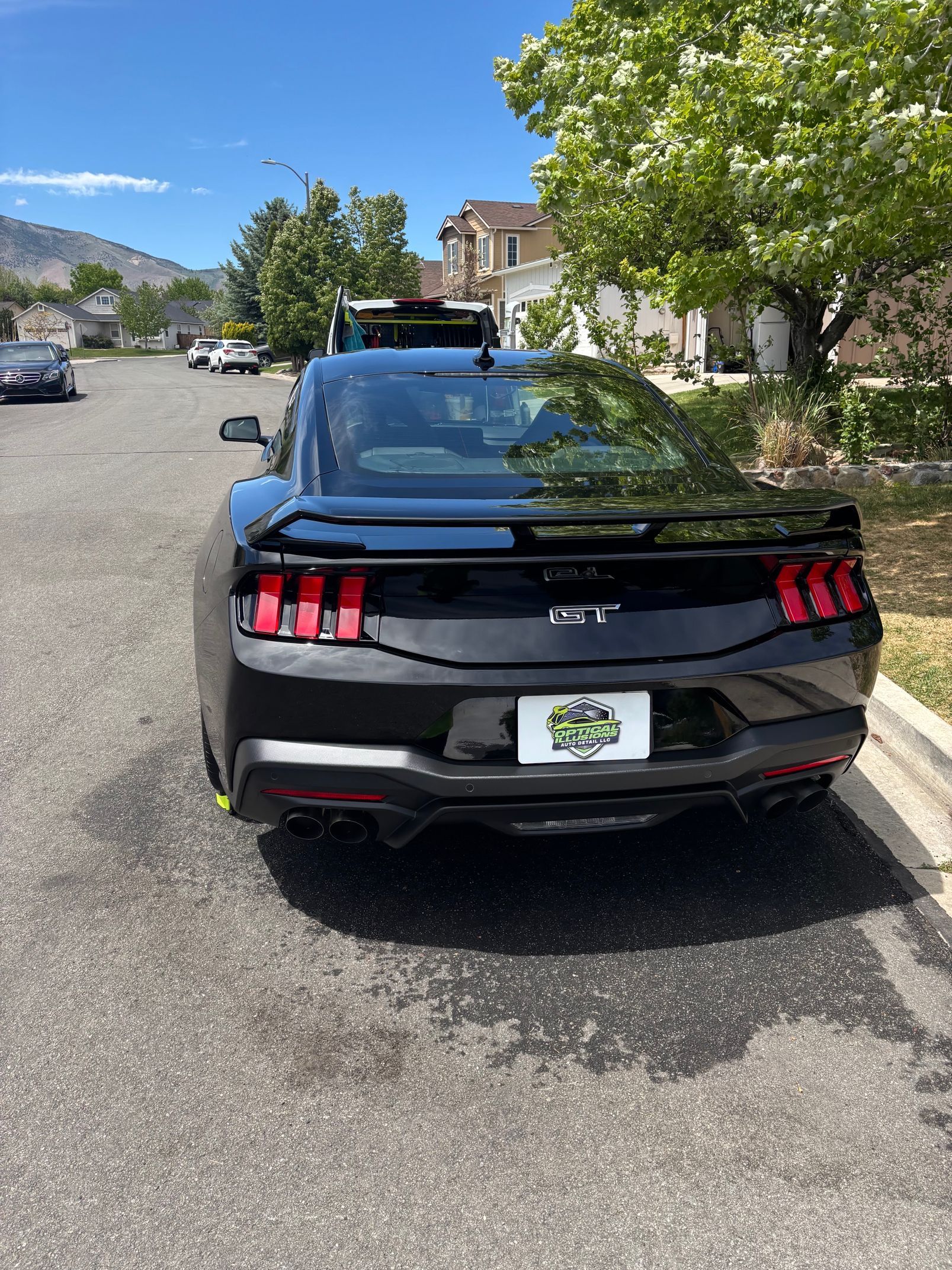 Black Ford Mustang parked on a sunny residential street, rear view with trees and houses nearby