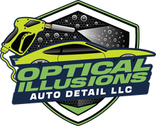 Optical Illusions Auto Detail LLC logo with neon green and dark blue car graphic and shield outline