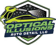 Optical Illusions Auto Detail LLC logo with neon green and dark blue car graphic and shield outline
