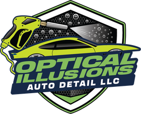 Optical Illusions Auto Detail LLC logo with neon green and dark blue car graphic and shield outline