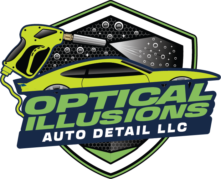 Optical Illusions Auto Detail LLC logo with neon green and dark blue car graphic and shield outline