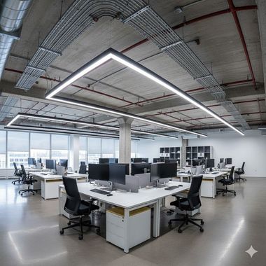 Modern office workspace with workstations and overhead lighting fixtures.