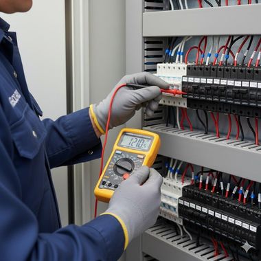 Electrician in blue uniform testing electrical panel with a multimeter. Grey gloves, wires, and yellow meter are visible.