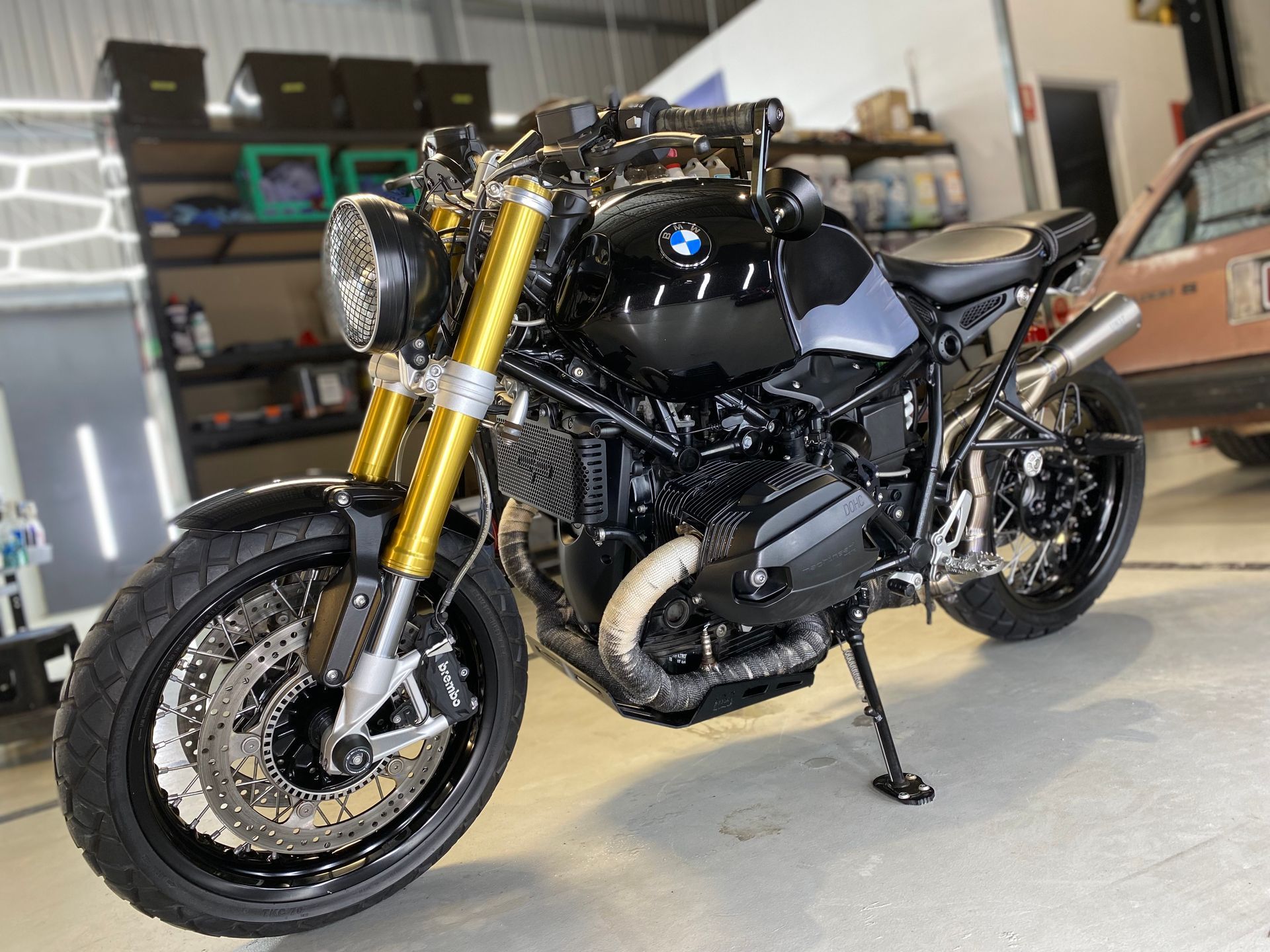 A Black BMW Motorcycle in a Garage — The Works Auto Salon In East Bendigo, VIC